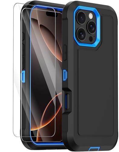Annymall for iPhone 16 Pro Max Case with 2 Screen Protector,Shockproof Drop Protection Dust Proof Heavy Duty Military Grade Multi-Layer Rugged Protective Phone Case Cover (Black/Blue)
