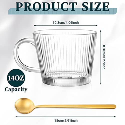 Rtteri 14 Oz Set Of 6 Glass Coffee Mugs With Spoons Clear Glass Cups Stripes Stackable Vintage Coffee Mugs Aesthetic Clear Tea Cups Espresso Demitasse Cups For Cappuccino Tea, Gift #TOP1