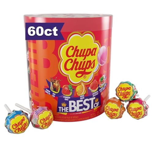 Chupa Chups ‘Best Of’ Holiday Candy Lollipop Variety Assortment, 5 Flavors, Individually Wrapped Candy for Christmas Stocking Stuffers for Adults & Kids, 25.3 oz Drum (60 Suckers)
