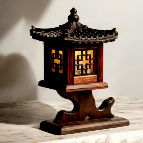 Carved Wood Table Lamp Handmade Traditional Korean Hanok Window Design Vintage Lamp Nightlight Art Home Deco Lantern Brown Asian Oriental Bedside Bedroom Accent Unusual Retro Light (Lattice Design)