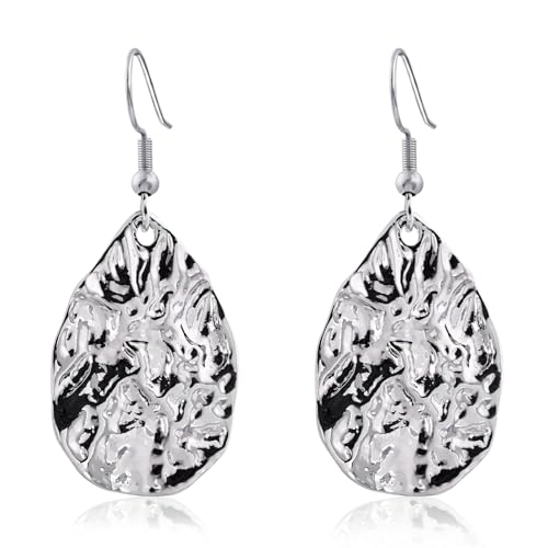 Silver Teardrop Hammered Drop Dangle Earrings for Women Medium Hammered Silver Earrings for Sensitive Ears