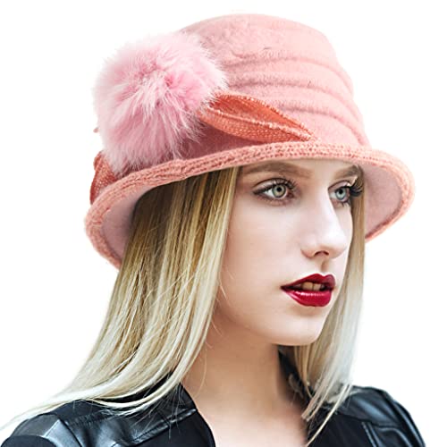 Ruphedy Sombrero de cubo de boina de las mujeres de los años 20 de la vendimia de lana francesa boina Beanie vestido sombreros de invierno, Rosa pompón, Talla única Cover