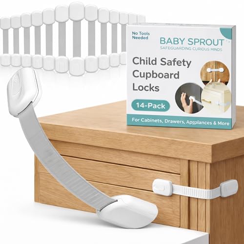 Cupboard Locks for Children (14 Pack) - Baby Proof Cupboard Locks Child Locks for Kitchen Cupboards Baby Proofing Cabinet Locks & Drawer Locks No Drill 3M Adhesive White - BABY SPROUT
