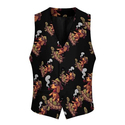 Dachshunds Dog Riding Turtle Men's Suit Vest Waistcoat Vests Formal Dress with 2 Pockets for Business Casual Tuxedo3