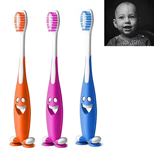 6-Smiley-Happy-Toothbrush-Suction-Cup-Stand-Soft-Bristles-Kids-Toddler-Oral-Care