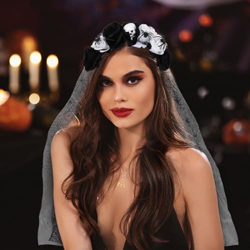 IYOU Halloween Veil Headband Black Flower Hair Bands Skull Floral Headpiece Festival Party Hair Accessories for Women - Image 2