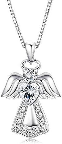 KesaPlan 925 Sterling Silver Guardian Angel Pendant Necklace for Women Heart Crystal Silver Necklace, Crystals from Austria，Jewelry Gifts for Anniversary Birthday