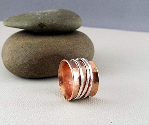 Vista 5 de Glitter Box Exports 925 Sterling Copper & Silver Spinner Fidget ring For Women High Polish Silver Point Ring