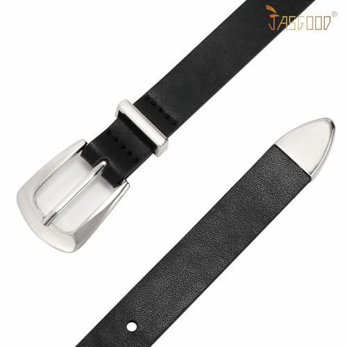 JASGOOD 2 Pack Women's Skinny Leather Belts Faux Leather Thin Waist Belts with Gold Buckle for Jeans Pants Dresses — view 2