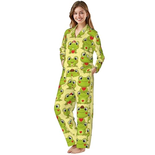 Image of Women'S Long Sleeve Pajama Set Soft Loungewear Button-Down Top & Elastic Waist Pants S- 2XL