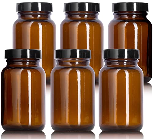 JUVITUS 5 oz Amber Glass Packer Bottle with Ribbed Black Lid (6 Pack) Smell Proof Refillable Empty Storage Containers