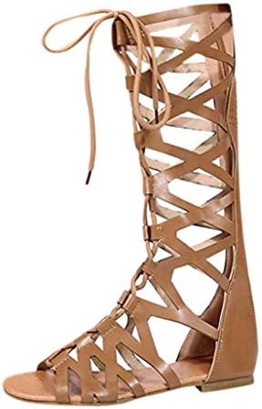 Women Comfy Roman Flats Knee High Gladiator Sandals Lace up Flat Strap Slippers Shoes by Lowprofile Brown