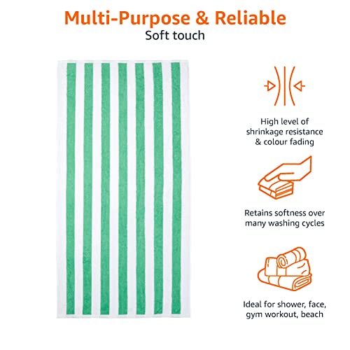 Image of Amazon Basics Striped Beach Towels, Soft & Absorbent Pool Towel, 100% Ring-Spun Cotton, Machine Washable, Quick Dry, OEKO-TEX Certified, Large 30 inch x 60 inch, Green Cabana Stripe, 2-Pack