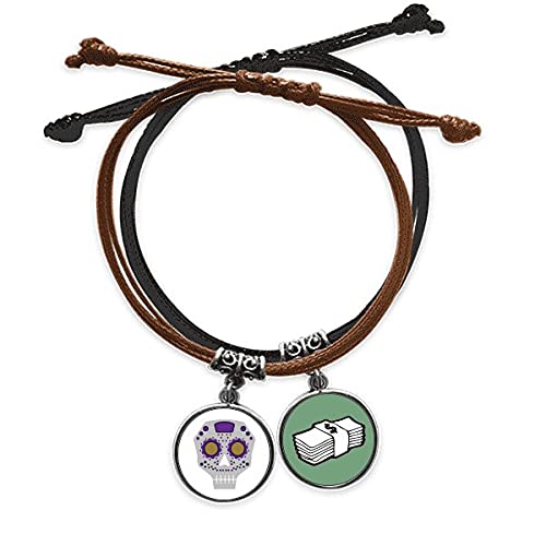 Pulsera calavera ojos morados de cuerda de mano y cuero para hombre y mujer