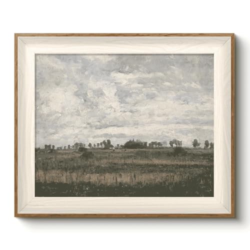 VIYYIEA Framed Landscape Wall Art for Living Room, Moody Impressionist Meadow Canvas Painting, Retro Countryside Home Decor for Bathroom Bedroom, 10x12 Inch