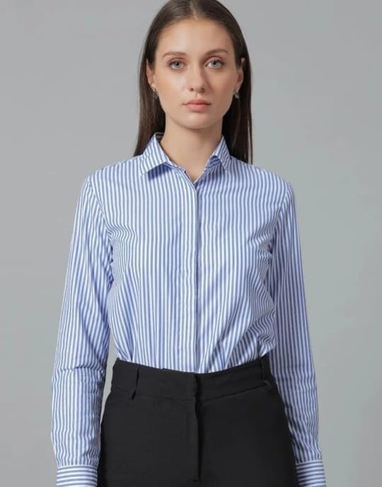 Image of Women's Striped Button Down Shirt Classic Collar 3 /4 Sleeve Breathable Lightweight Office Work Blouse Casual Formal top Tailored fit Summer Spring Fall Versatile Wardrobe Essential