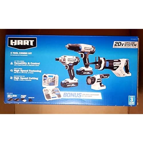 Hart HPCK402BPTA 20-Volt Cordless 4-Tool Combo Kit with 200-Piece Accessory Kit and 16-inch Storage Bag