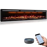 Mystflame 72 Inch WiFi-Enabled Electric Fireplace Inserts & Wall Mounted, Slim Electric Fireplace Heater, 750/1500w, Adjustable Flame Color, Remote Control & Touch Screen, Logs & Crystals, Black