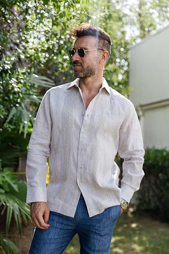 Mojito Men's 100% Linen Guayabera Chacabana Shirt Long Sleeve - Geometric Embroidery2
