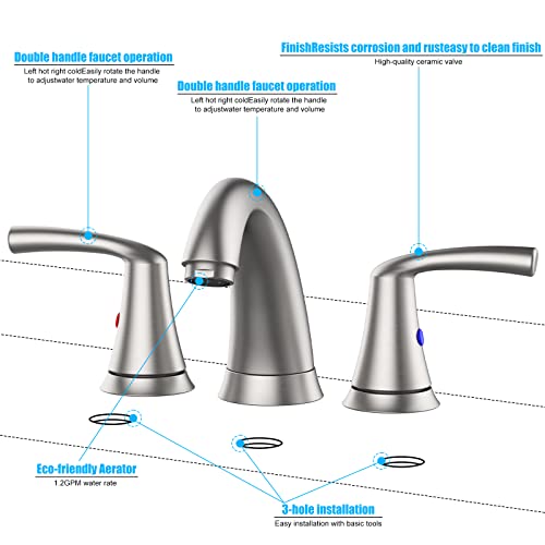 Bathroom Sink Faucet, Faucet For Bathroom Sink, Widespread Brushed Nickel Bathroom Faucet 3 Hole With Stainless Steel Pop Up Drain And Cupc Lead-Free Hose #TOP7