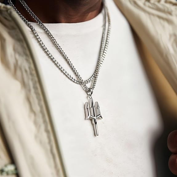 Stylish Stainless Steel Trident Pendant Necklace with Silver Chain for Men and Boys, Bar Design - Image 3