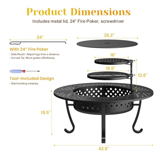 Image of 8 Pieces Outdoor Conversation Sets, Aluminum PatioCouch with Metal Fire Pit Table, All-Weather PatioCouch with 5 inch Thick Cushion, 43'' Firepit Outside Wood Burning with Adjustable 2 Grills, Light Gray