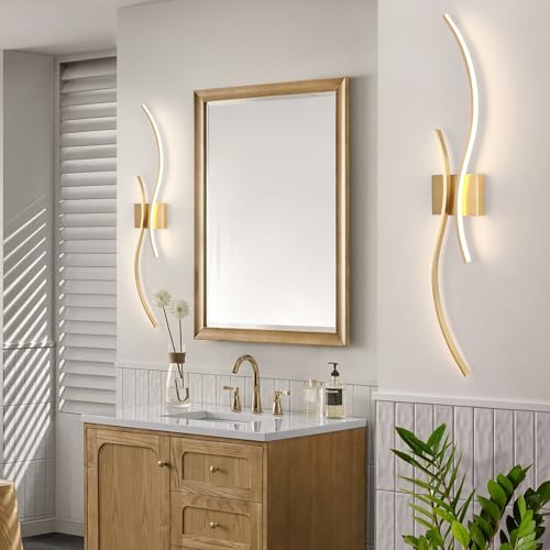 Image of CANEOE Modern Wall Sconce Set of, 5CCT Dimmable Indoor Led Wall Sconce Lighting Set of 2, 31.5 Inch Wall Light Fixtures, Gold Led Wall Lamps for Living Room Bedroom Bathroom Hallway