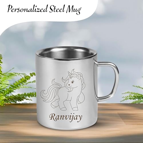 Image of SAVRI Personalized Stainless Steel Mug for Kids with Customized Name Engraved & Cartoon Design | 220 ml Double Wall Insulated Mug for School, Milk, Juice & Water (Unicorn)