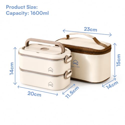 Image of House of Quirk 304 Stainless Steel Bento Lunch Box for Adults - 2 Stackable Leakproof Containers with Insulated Thermal Carry Case, Spoon & Fork Included, Microwave Safe Portable Tiffin Box (Beige)