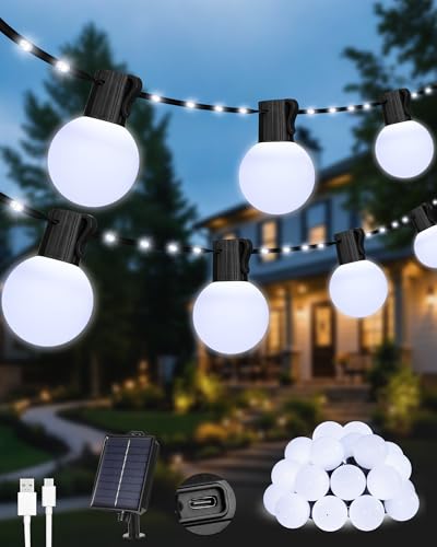 NWPUSZ Guirlande Lumineuse Solaire Exterieure, 10M 100 Leds Exterieur Solaire Avec 20 Ampoules G40 Incassables, 8 Modes Etanche Rechargeable par USB/ Solaire...