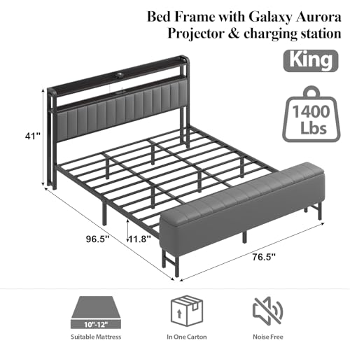 Image of King Size Platform Bed Frame with Storage Headboard, Star Projector, Grey | Charging Station, Heavy-Duty Metal Slats, PU Leather Upholstered Platform, Storage Ottoman, Noise-Free, No Box Spring Needed