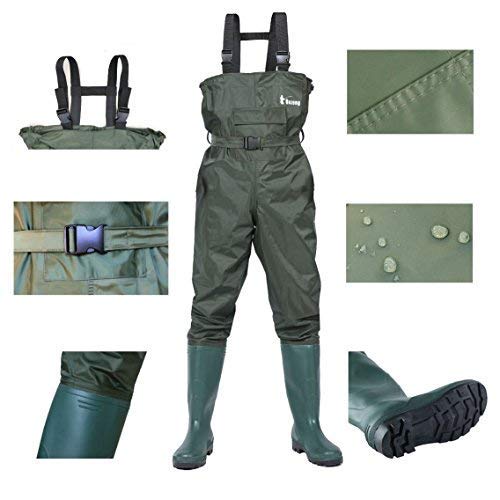 Ouzong Cleated Fishing Hunting 2-Ply Nylon/Pvc Waterproof Boot-Foot Chest Wader, Green - 12 #TOP4