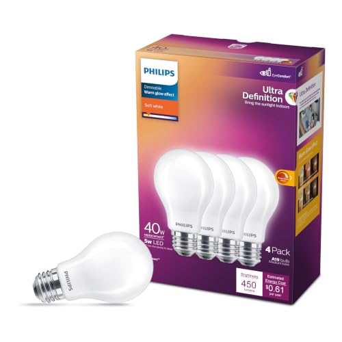 PHILIPS LED 40W A19 4-Pack Ultra Definition Soft White (2200K-2700) 450 Lumen (5W = 40W) Dimmable Frosted Flicker-Free Light Bulbs
