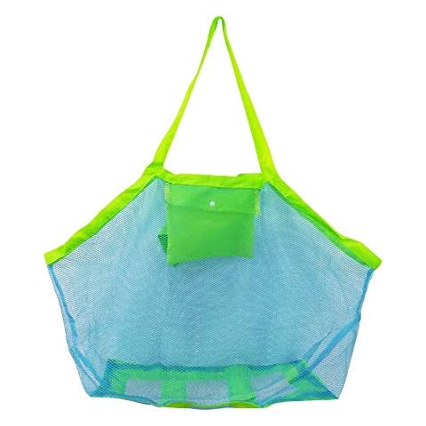 Large Mesh Beach Bag for Toys Sand Away Tote with Zipper for Child Swim Pool Travel Sandy Shoes Wet Towels 18 x 12 x 18inch Green Straps Blue Mesh Cover