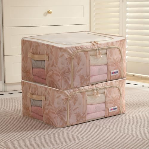 Image of HOKIPO 44L(M) Folding Storage Box and Organiser for Clothes, 600D Oxford Fabric Storage Box, Beige Botanica Pack of 2 (AR-6485-BGE*2)