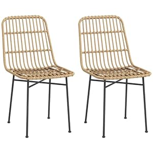 HOMCOM Set van 2 Rotan Eetkamerstoelen met Rugleuning, Keukenstoelen, Woonkamerstoelen tot 120 kg, voor Keuken, Eetkamer, Staal, Geel