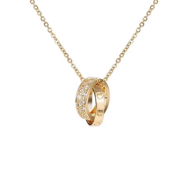 Double Ring Pendant Necklace for Women 18K Gold Plated Stainless Steel Layered Chain Minimalist Interlocking Circle Jewelry Dainty Everyday Necklace Gift for Her