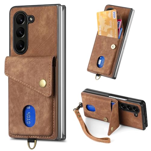 Étui Galaxy Z Fold 5 idéal voyage avec dragonne en cuir marron et fente portefeuille