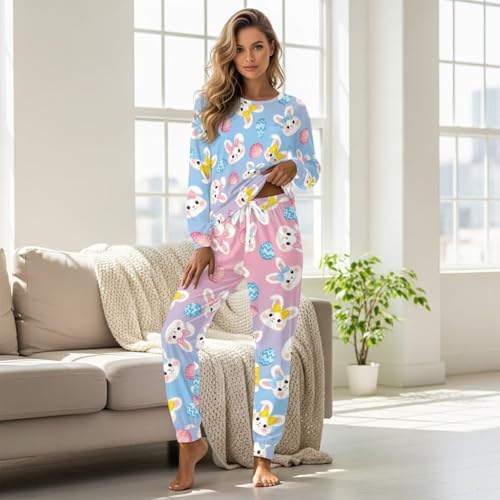 Image of Womens Lounge Set Long Sleeve Soft Pajama Sets Casual 2 Piece Pj Outfit Crewneck Sleepwear with Pockets Plus Size