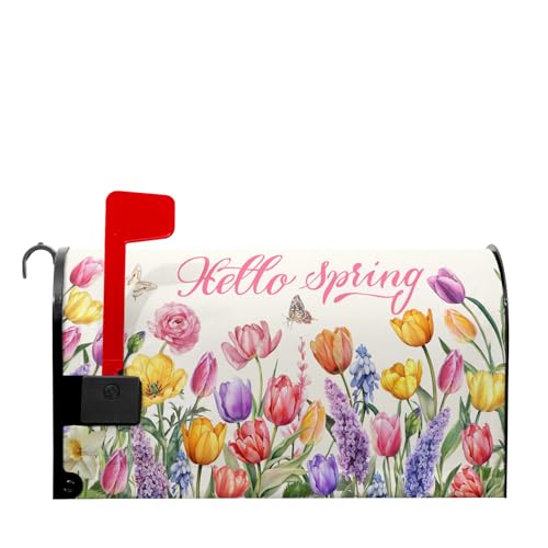 Image of Hello Spring Welcome Flowers Mailbox Covers Magnetic Spring Summer Tulip Outdoor Mailbox Cover Standard 21 inch X 25.5 inch Pink Floral Holiday Mailbox Wrap Post Letter Box Cover Decor for Home Garden Yard