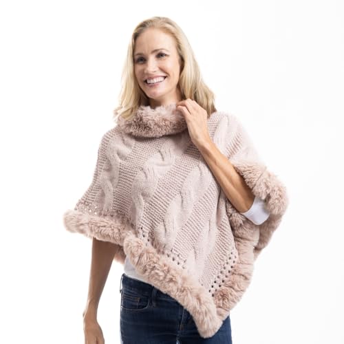 Cozy Luxurious Faux Fur Trim Cable Knit Poncho - One Size Fits All