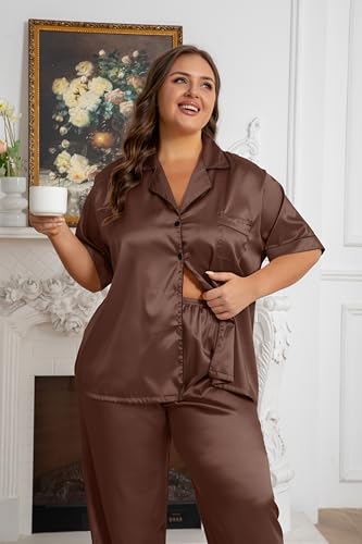 Image of Vozanet Women's Button Down Satin Pajama Sets Silky Short Sleeve Top & Pants Plus Size Loungewear Classic Sleepwear XL to 5XL