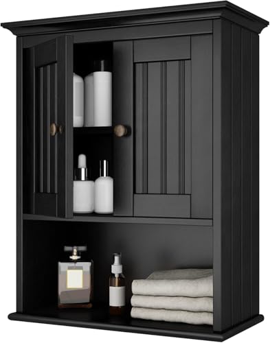 Image of Treocho Wood Wall Cabinet Bathroom Medicine Cabinet Storage with Doors and Adjustable Shelf Wall Mount for Bathroom, Livingroom, Kitchen, Cupboard, Black
