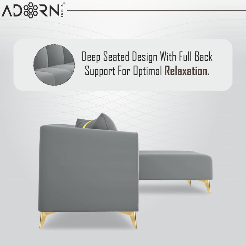 Image of Adorn India Premium Mystic - 3 Years Warranty - L Shape 5 Seater Sofa Set Velvet Suede Fabric - Grey