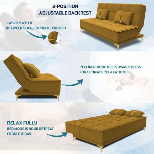 Image of Adorn India Premium New Alyssum 3 Seater Sofa Cum Bed 4X6 Velvet Suede with 2 Cushions (Color Yellow) and Suitable for All Indoor, with 3 Years Warranty