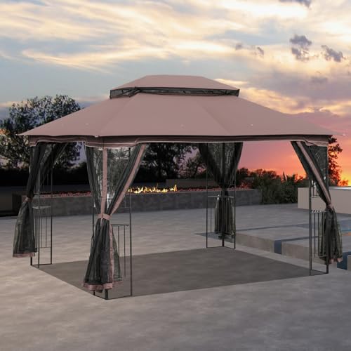 ECOTOUGE 10\' X 13\' Outdoor Gazebo, Soft Double Roof Canopy Tent with Mosquito Netting, Party Tent Shelter with Corner Frame Shelves for Patio, Backyard, Deck, Brown - Thumbnail 7