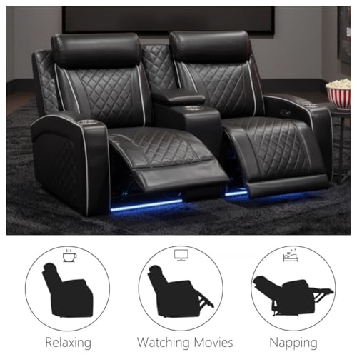 Image of Leather Recliner Loveseat Set, Power Black Leather Sectional Set with LED Light, Living Room Furniture Sets 2 Seats, Power Reclining Sofa Sets with Storage Console /Cup Holder for Living Room