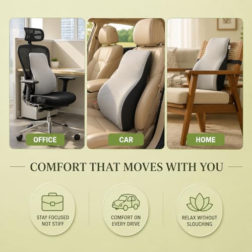 Image of Memory Foam Lumbar Back Support Cushion for Office Chair & Car Seat | Ergonomic Lower Back Pillow for Posture Support & Sitting Comfort | Breathable Cover | 1 Year Warranty (Grey)