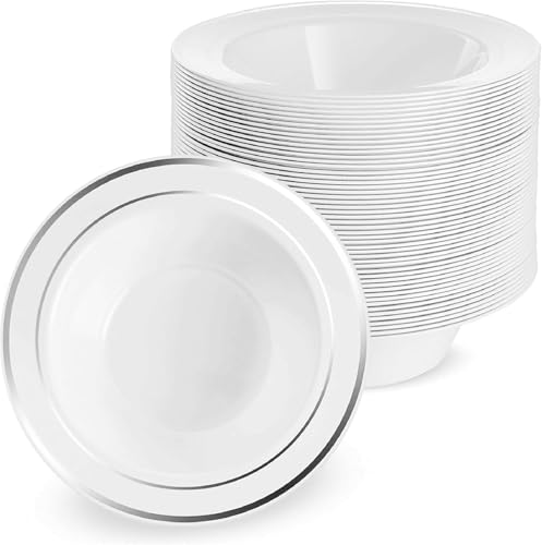 MATANA 25 Weiße Plastikschalen mit Silbernem Rand, Suppenteller,...