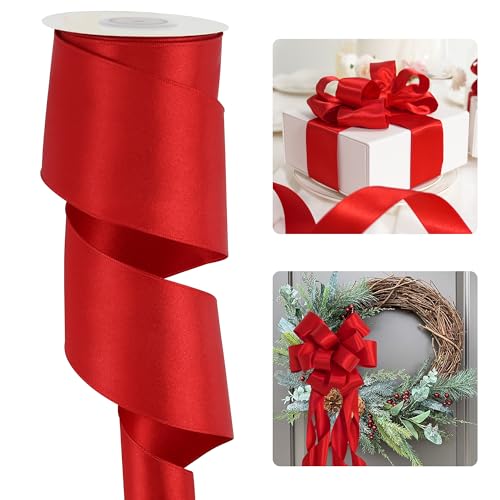 HUIHUANG Red Wired Satin Ribbon 2.5 inch Red Wire Edge Ribbon for Wreaths, Bows Making, Gift Wrapping, Holiday Home Decor, Crafts, Christmas Tree Bows-Continuous 10 Yards